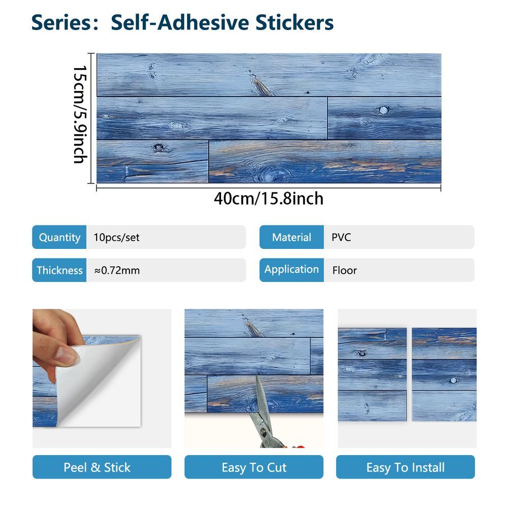 Blue wood grain PVC peel and stick floor tiles DIY waterproof floor stickers easy to cut and install