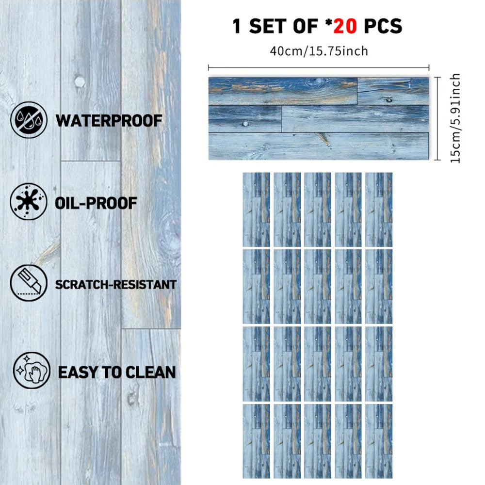 Blue wood grain peel and stick floor tiles waterproof oil-proof scratch-resistant self-adhesive removable PVC flooring decals set of 20 pieces