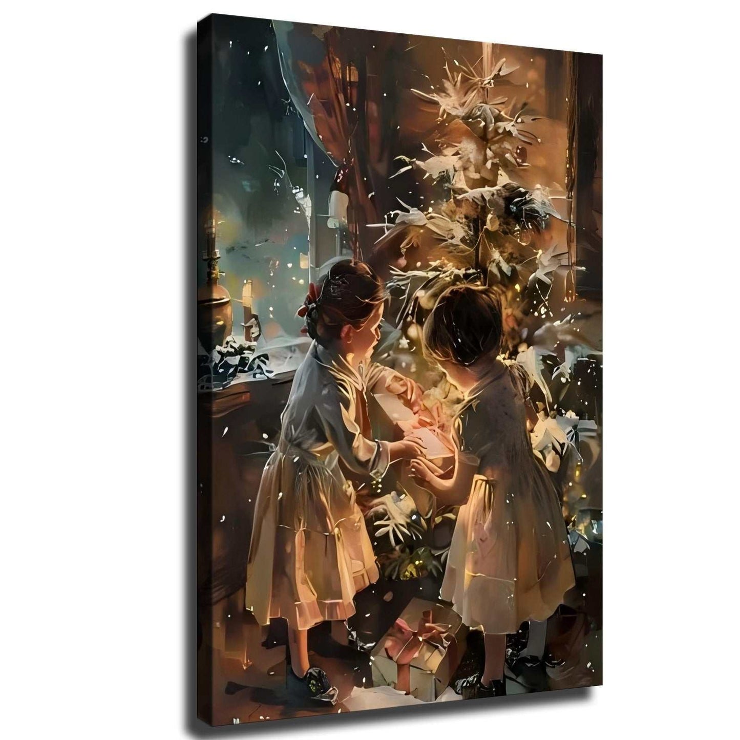 Wrapped canvas painting of two girls decorating a lit Christmas tree at home in a pine frame