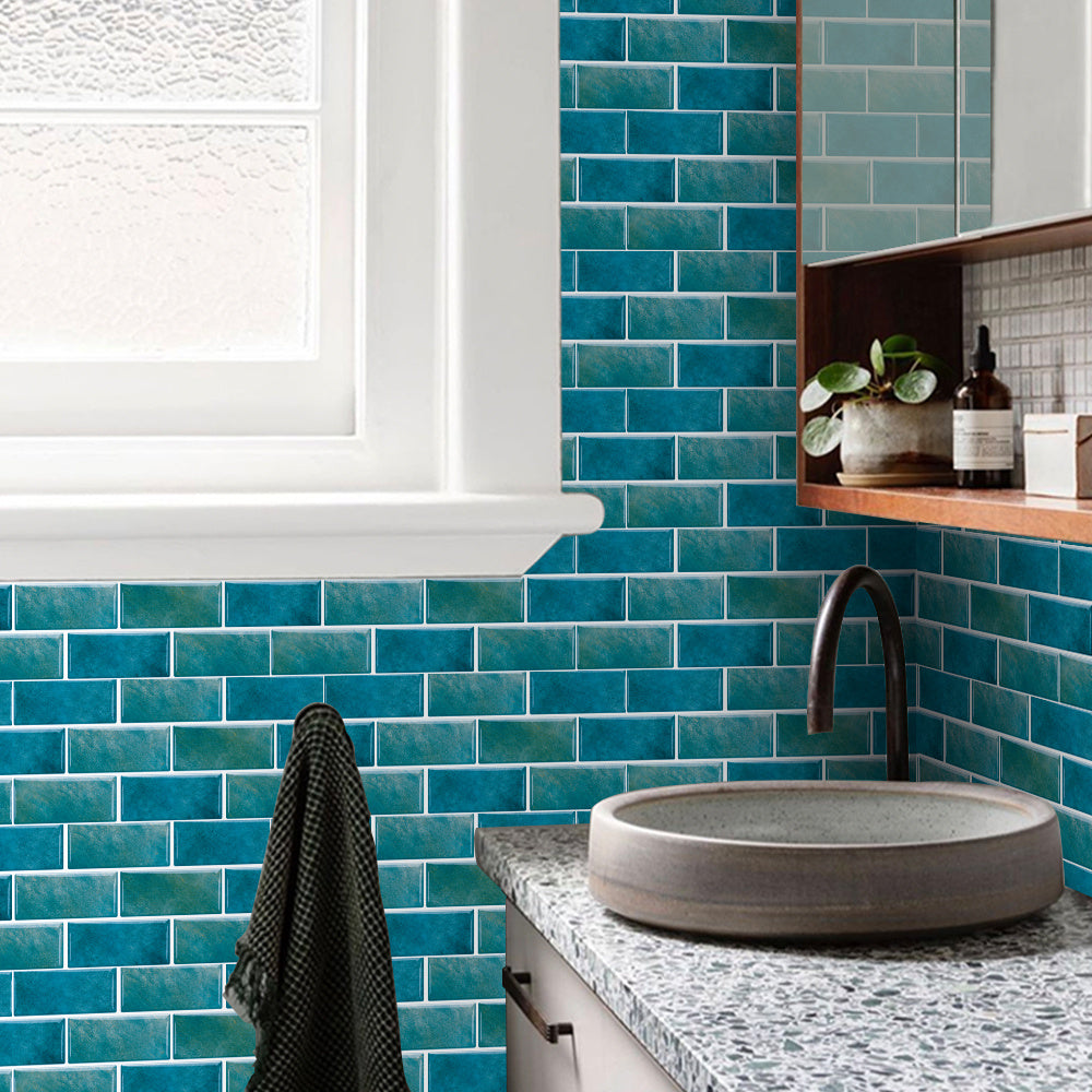 Blue green marble tile wall stickers in kitchen backsplash with round vessel sink and countertop