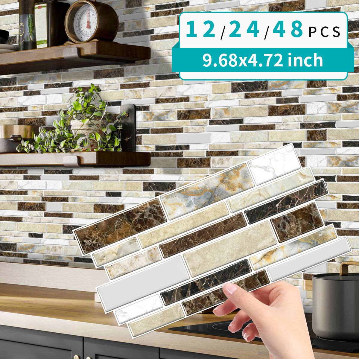 Hand holding classic imitation porcelain tile peel and stick backsplash with marble design in modern kitchen interior