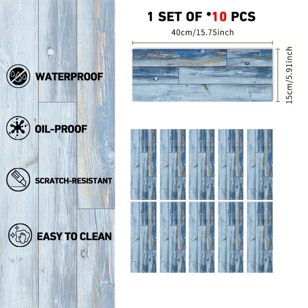 Blue wood grain peel and stick floor tiles set of 10, waterproof, oil-proof, scratch-resistant, easy to clean PVC self-adhesive floor stickers