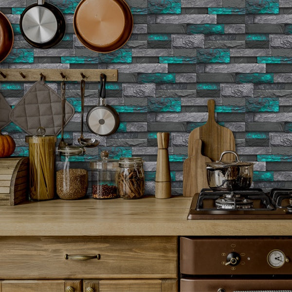 modern green marble stone tile peel and stick wallpaper in kitchen backsplash with wooden countertop and cooking utensils