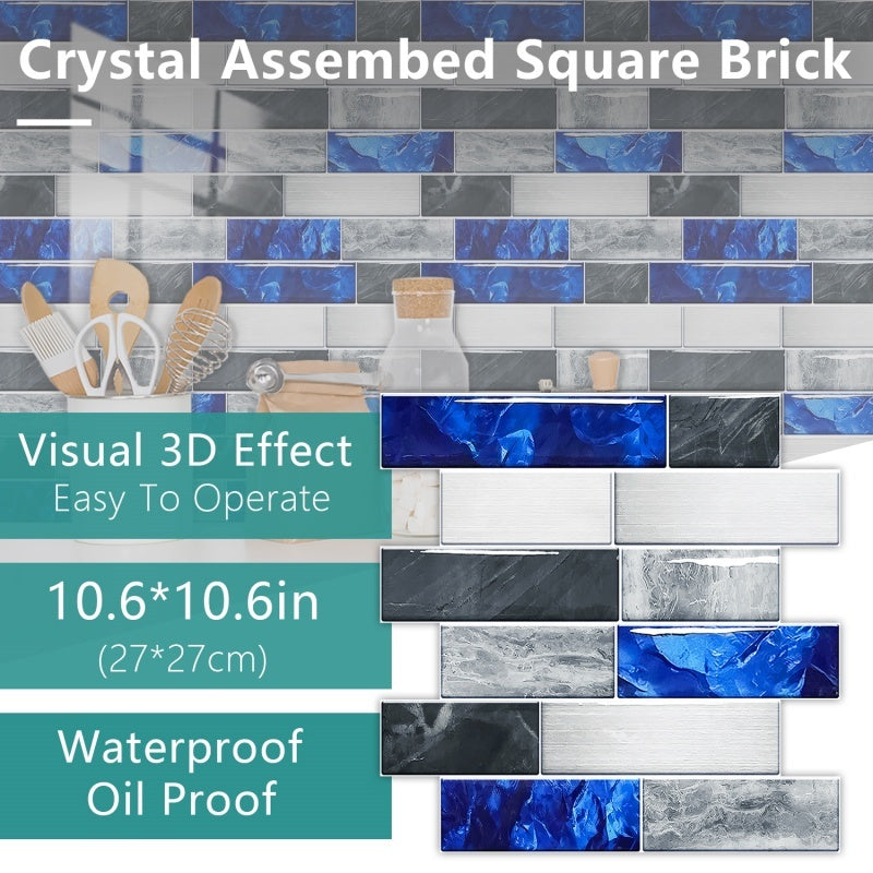 Blue grey marble effect waterproof peel and stick kitchen splashback tile with 3D brick design
