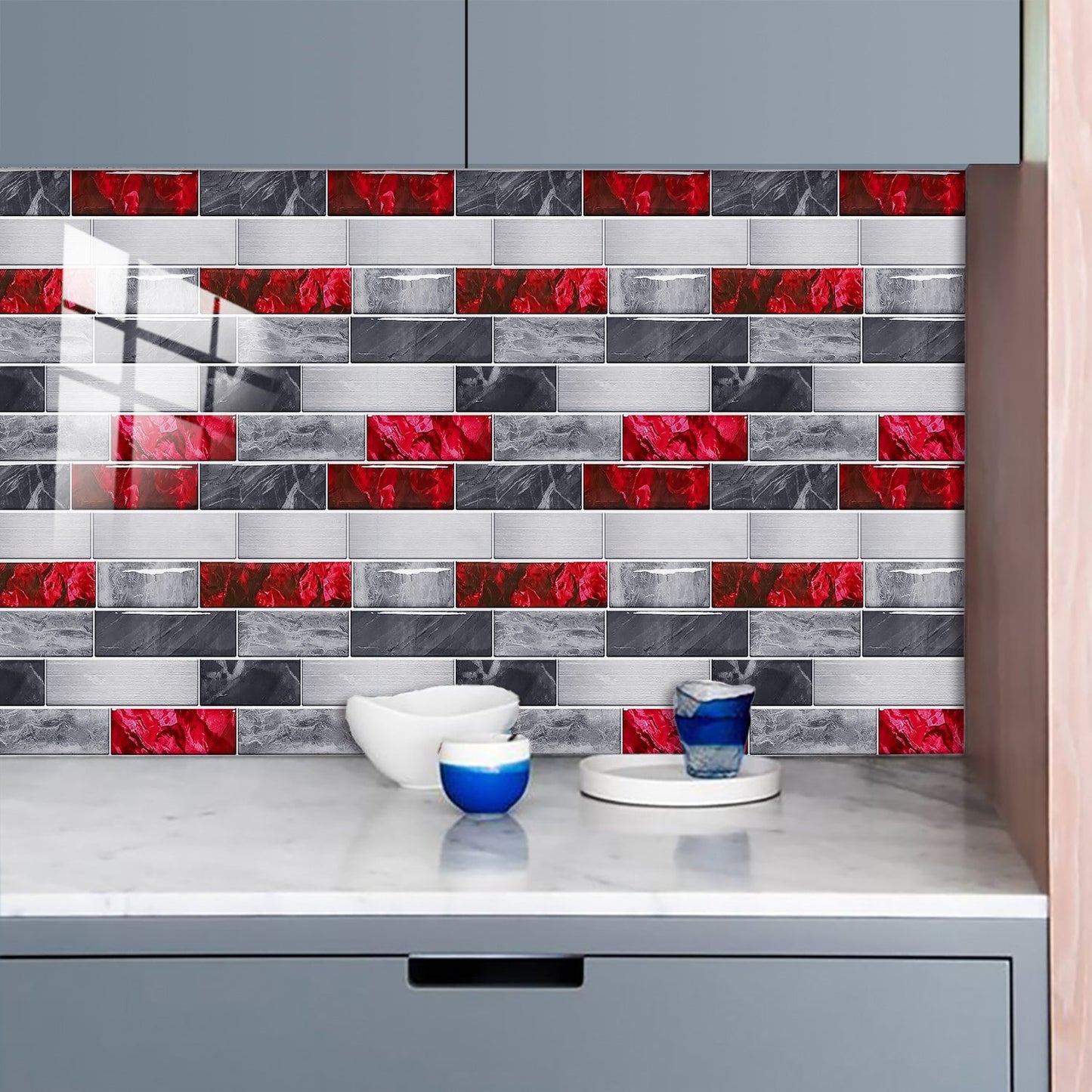 Red marble look peel and stick waterproof kitchen backsplash tiles