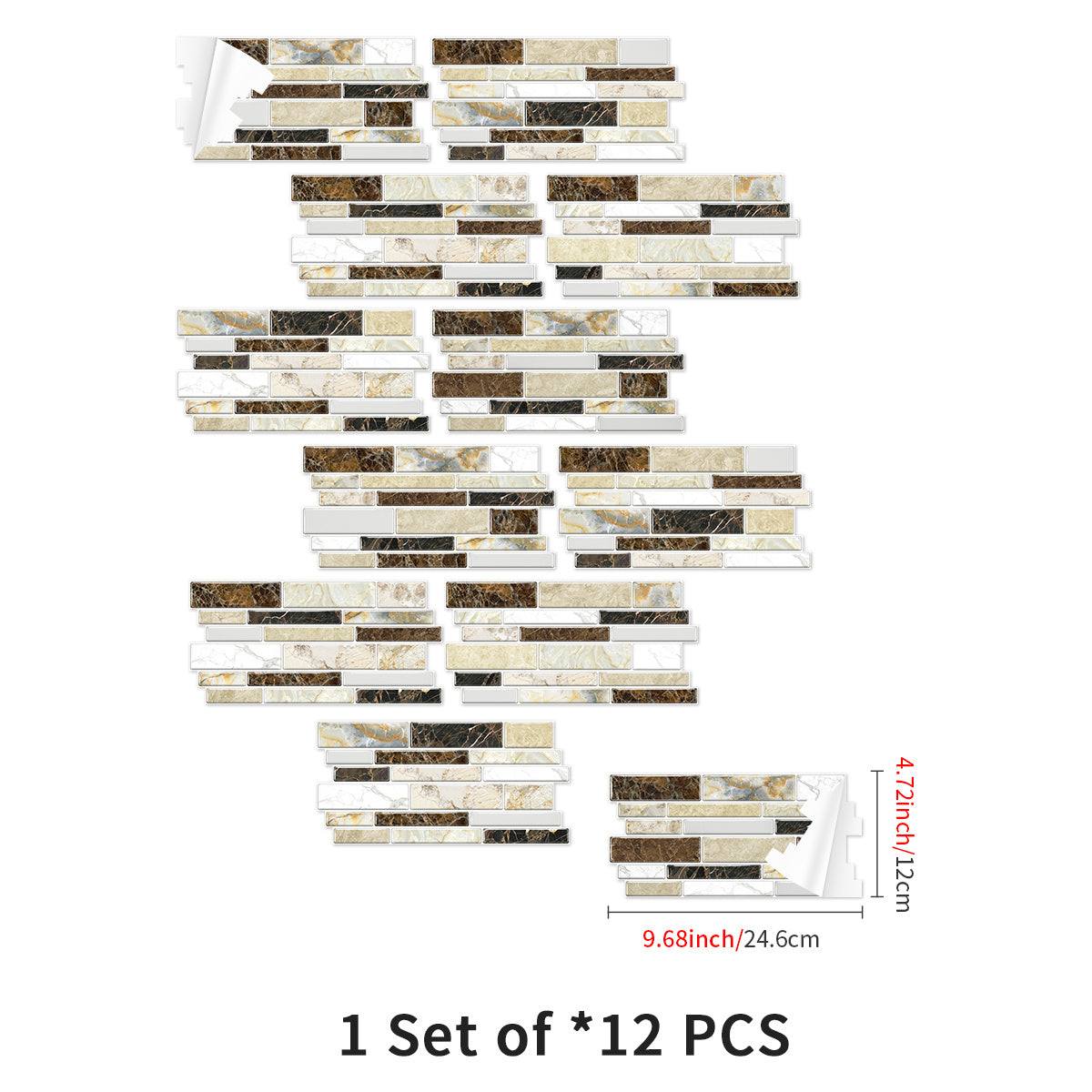 Imitation porcelain tile peel and stick backsplash set with marble pattern, waterproof and oil proof, 12 pieces.