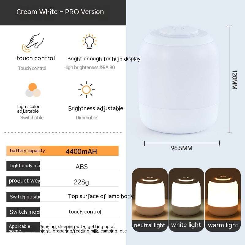 Rechargeable touch LED night lamp with adjustable brightness and color temperature for home decor and camping.
