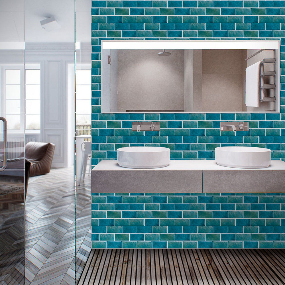 Blue green marble tile wall stickers in modern bathroom with double sinks and large mirror