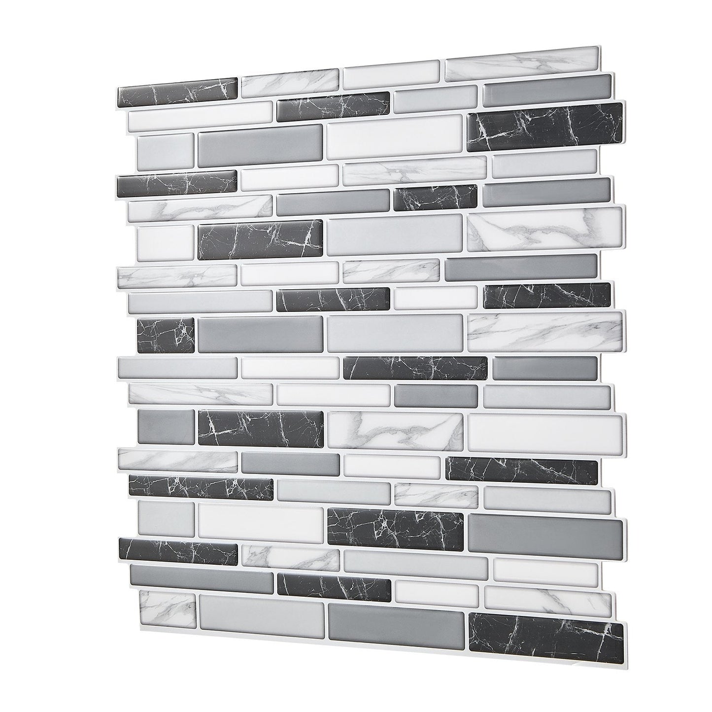 Peel and stick backsplash wall tile with gray and white stone-look pattern, 12x12 inches, self-adhesive, 10-piece set