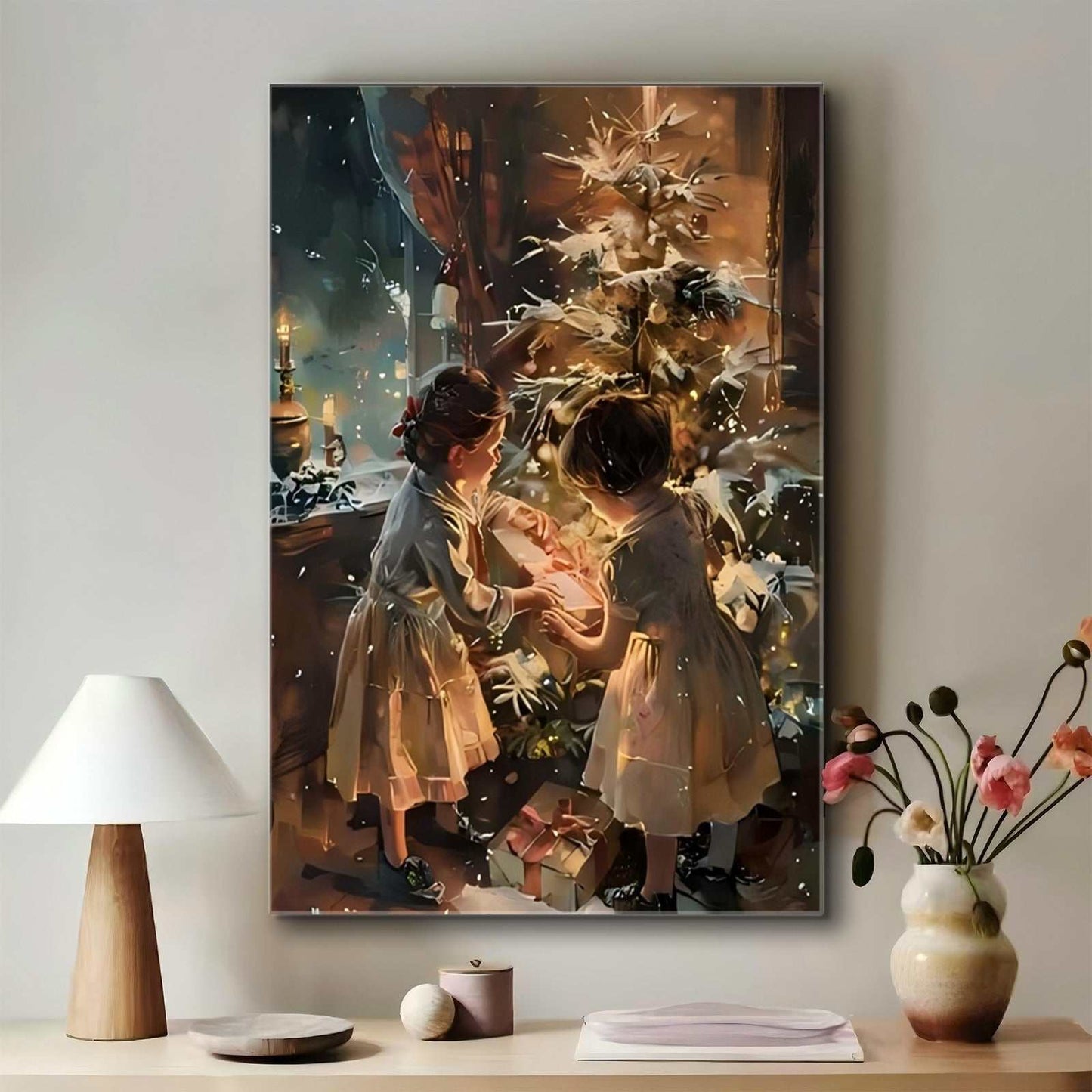 Wrapped canvas painting of children decorating a Christmas tree in a pine frame holiday wall decor