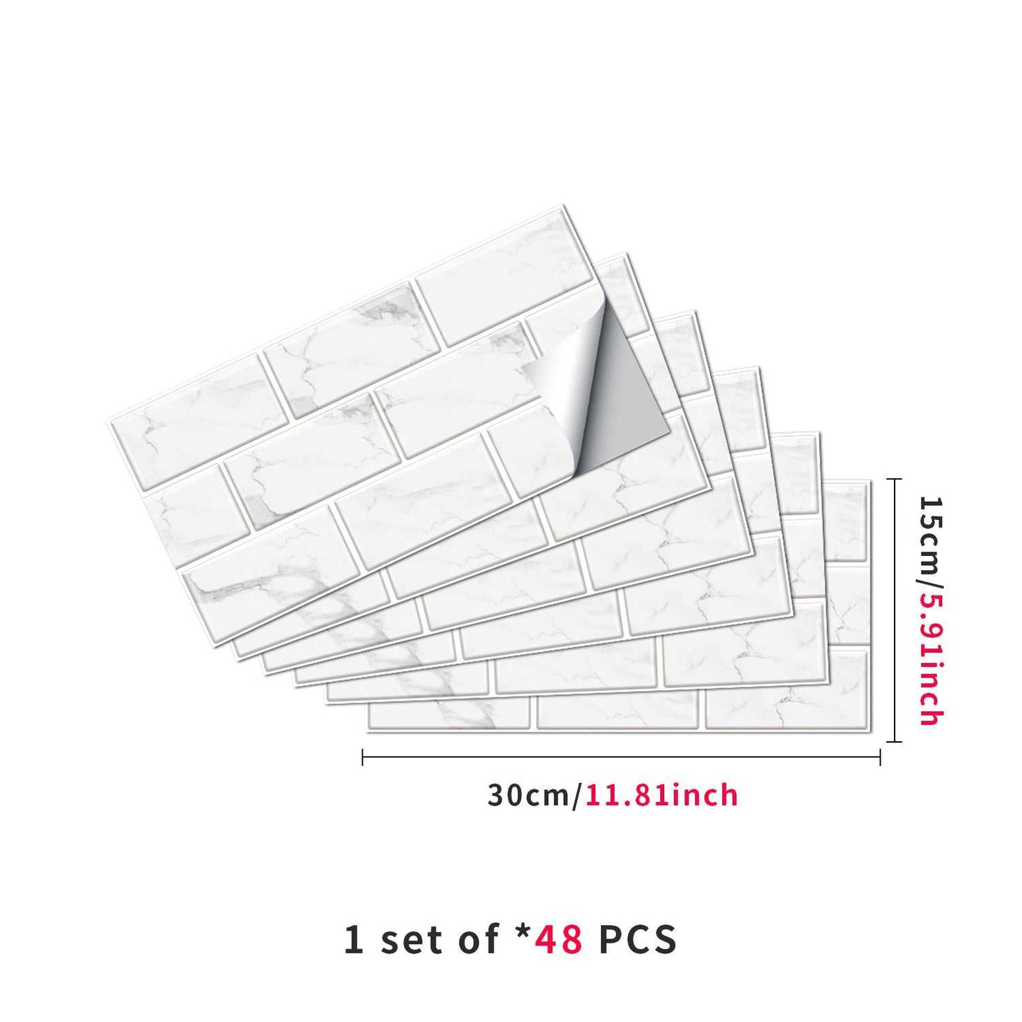 White marble look peel and stick PVC tile stickers, water and oil proof, 48 pieces set, 30x15cm each