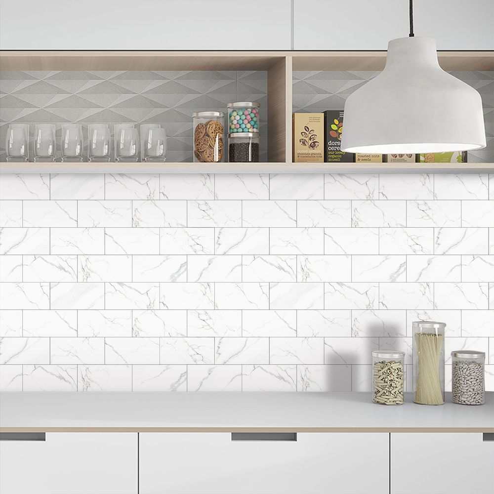 White marble look peel and paste splash-proof PVC wall tiles in modern kitchen backsplash
