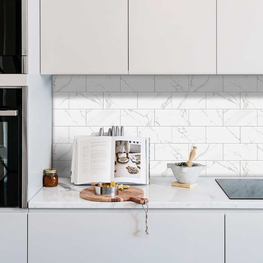 White marble look peel and paste kitchen backsplash wall stickers with splash-proof PVC composite tiles