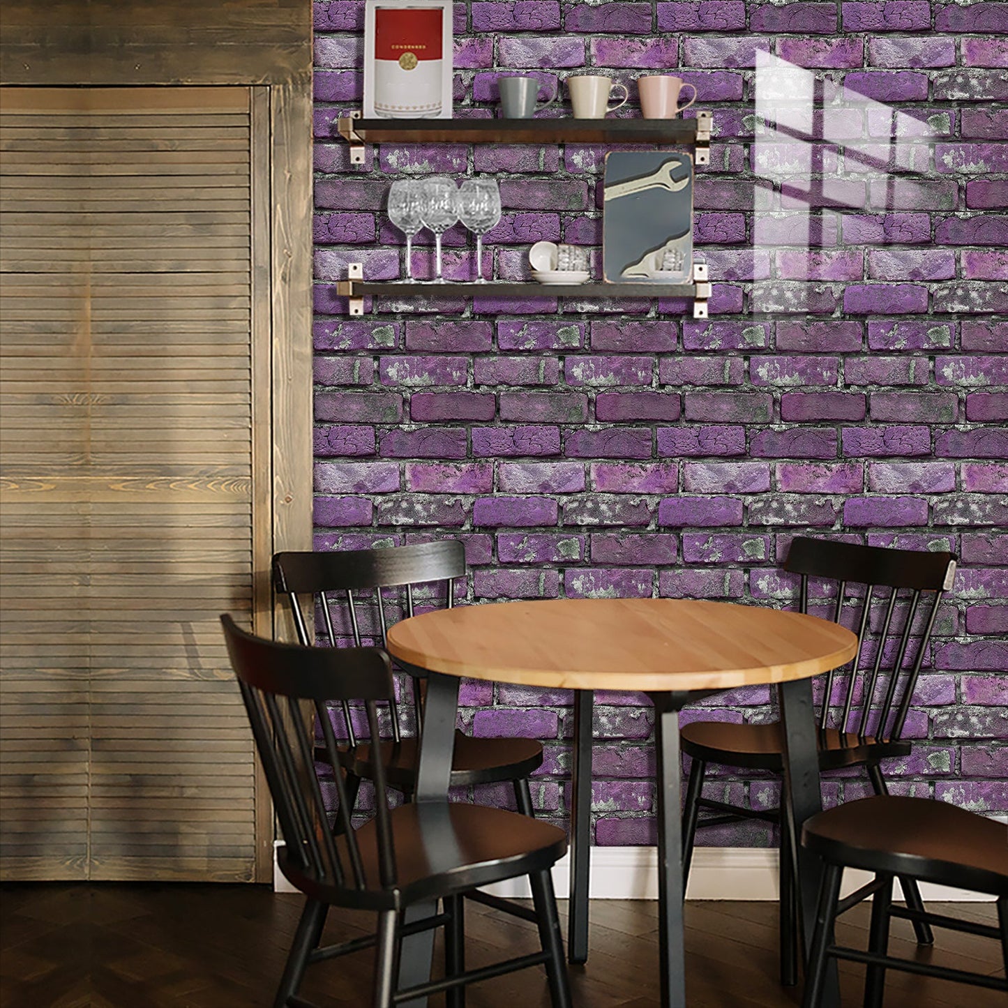Purple brick peel and stick tile wall decoration in dining area with wooden table and black chairs