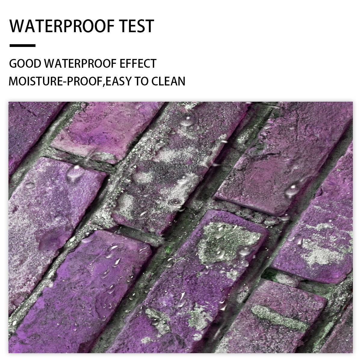 Close-up of purple waterproof peel and stick brick wall tile splash-proof self-adhesive sticker showing water droplets