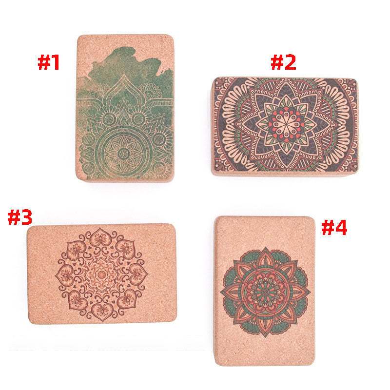 Set of four yoga cork tiles with intricate mandala designs for practice and fitness