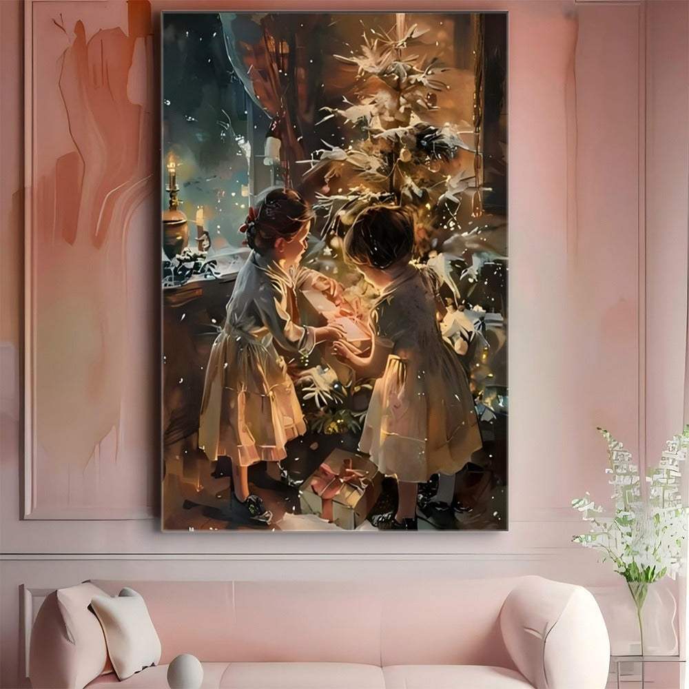 Wrapped canvas painting of two children decorating a Christmas tree in a pine frame wall decor