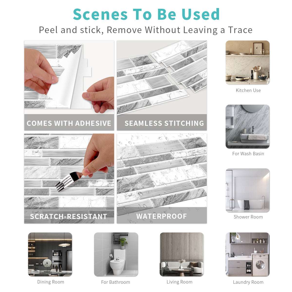 Irregular shape modern grey marble pattern peel and stick waterproof kitchen bathroom tile stickers with adhesive and seamless design