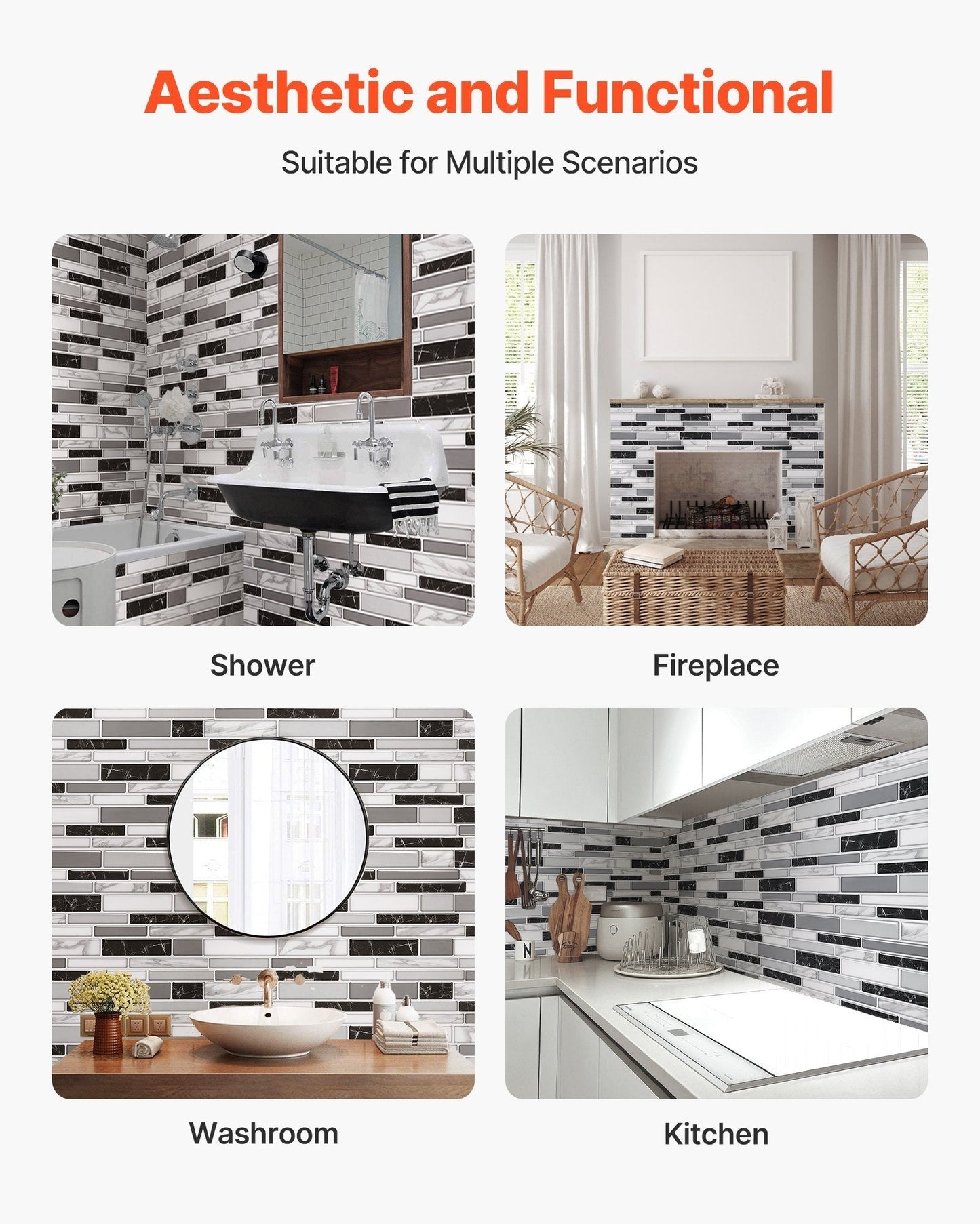 Peel and stick backsplash tiles in black, white, and grey stone-look design for shower, fireplace, washroom, and kitchen walls.