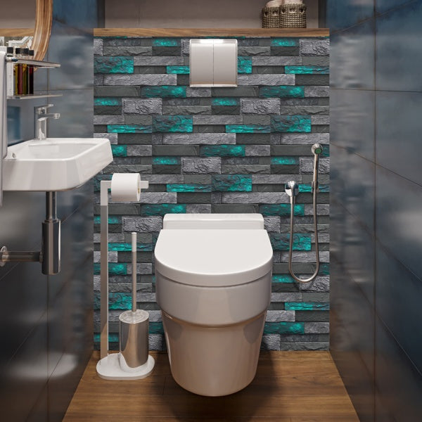 Modern green marble stone tile peel and stick wallpaper in bathroom behind toilet