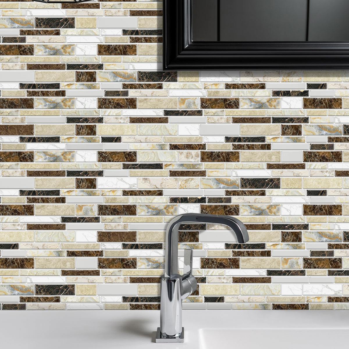 Waterproof and oil-proof imitation porcelain tile peel and stick backsplash with marble design behind kitchen sink faucet