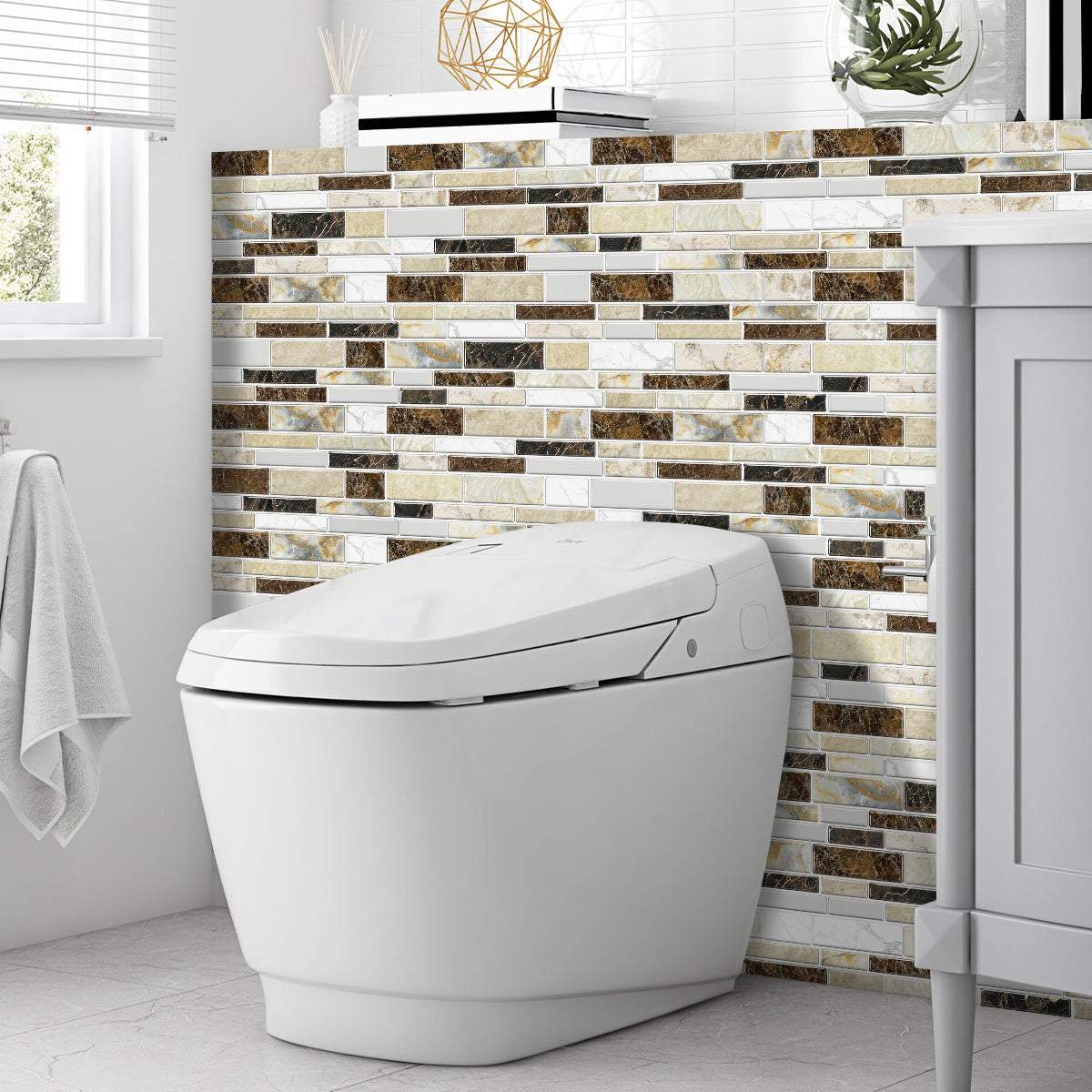 modern bathroom with imitation porcelain tile peel and stick backsplash behind toilet