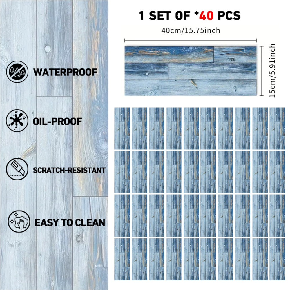 Blue wood grain peel and stick floor tiles waterproof oil-proof scratch-resistant PVC self-adhesive removable floor stickers set of 40 pieces