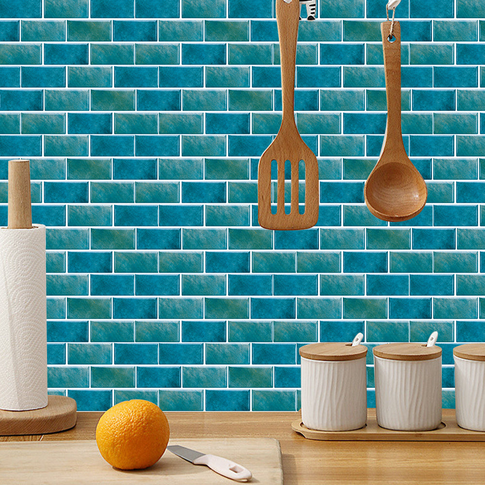 Blue green marble tile wall stickers applied on kitchen backsplash with wooden utensils and countertop items