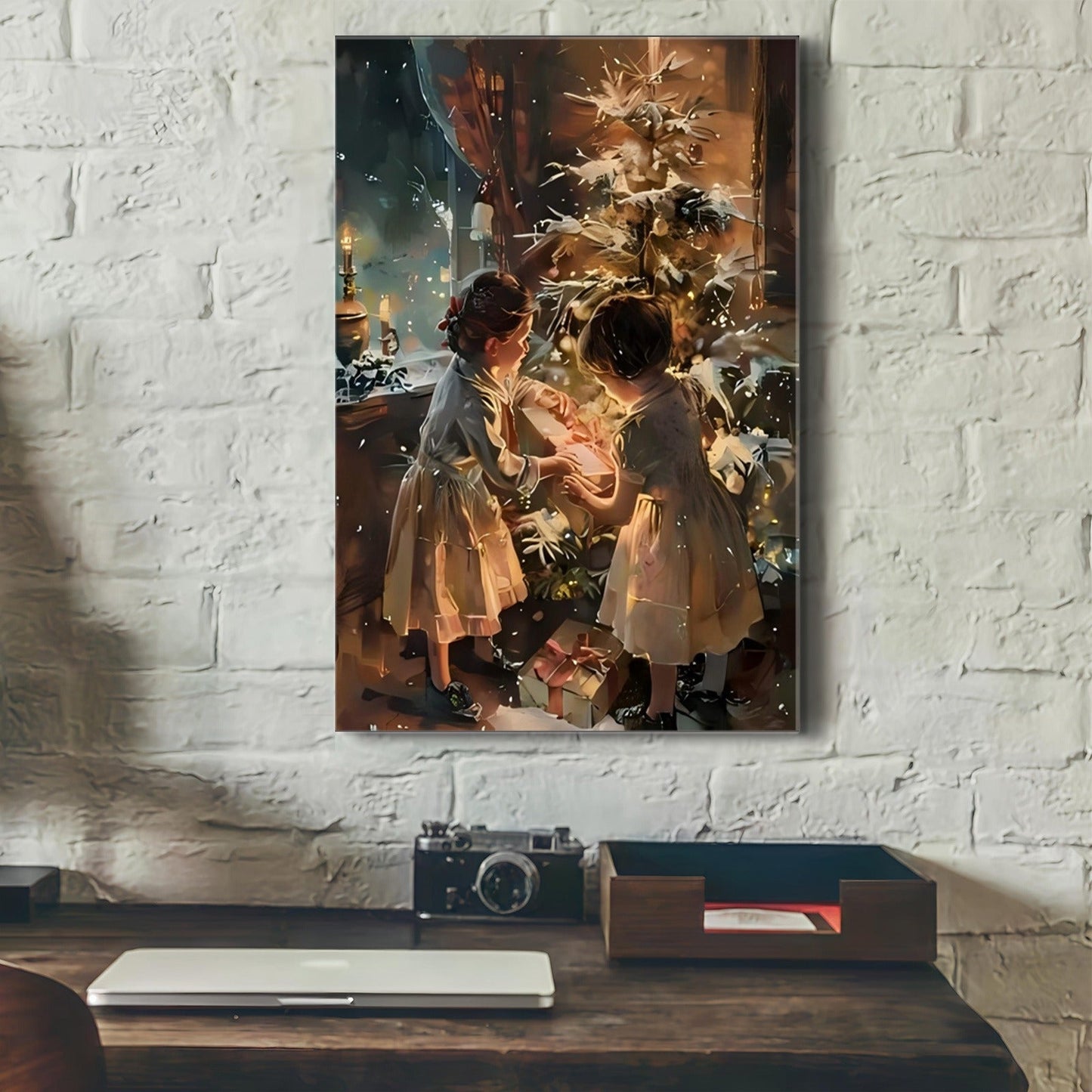 Wrapped canvas painting of two children decorating a Christmas tree in warm holiday setting with pine frame wall decor