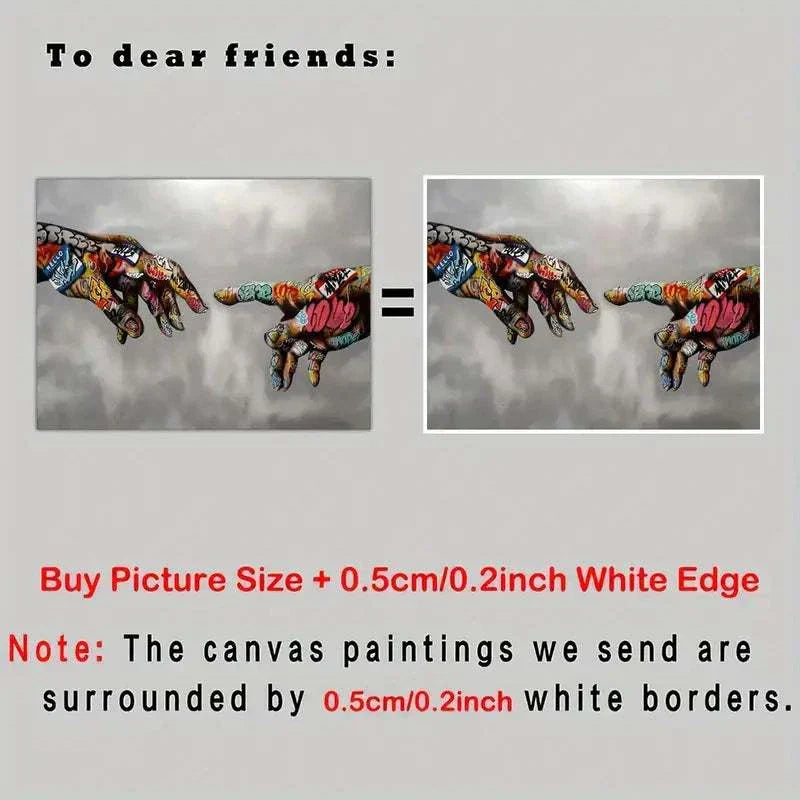 Canvas graffiti wall art featuring vibrant, colorful spray-painted hands on a gray background with a white border edge.