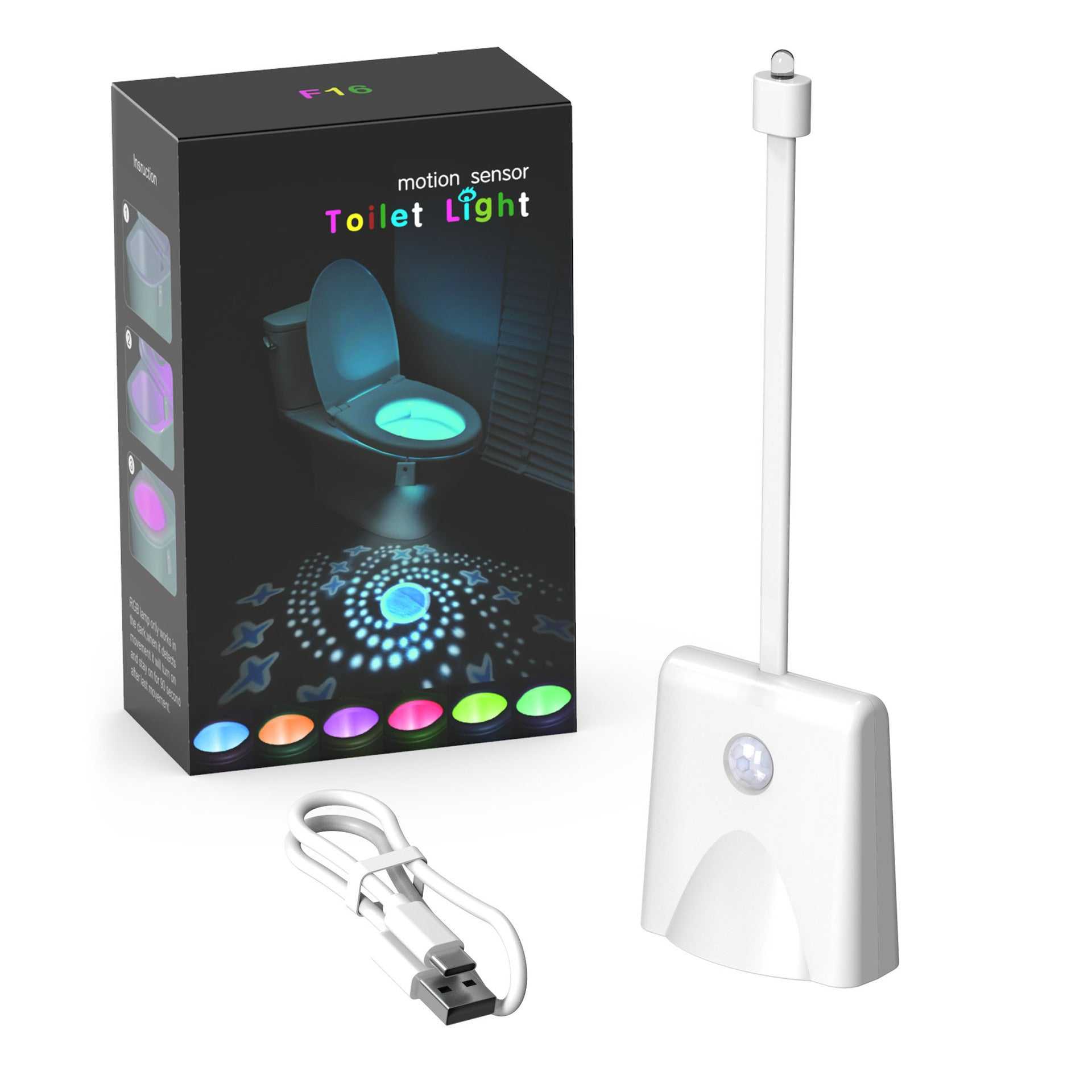 Rechargeable toilet night lamp with motion sensor and USB charging cable for home decor