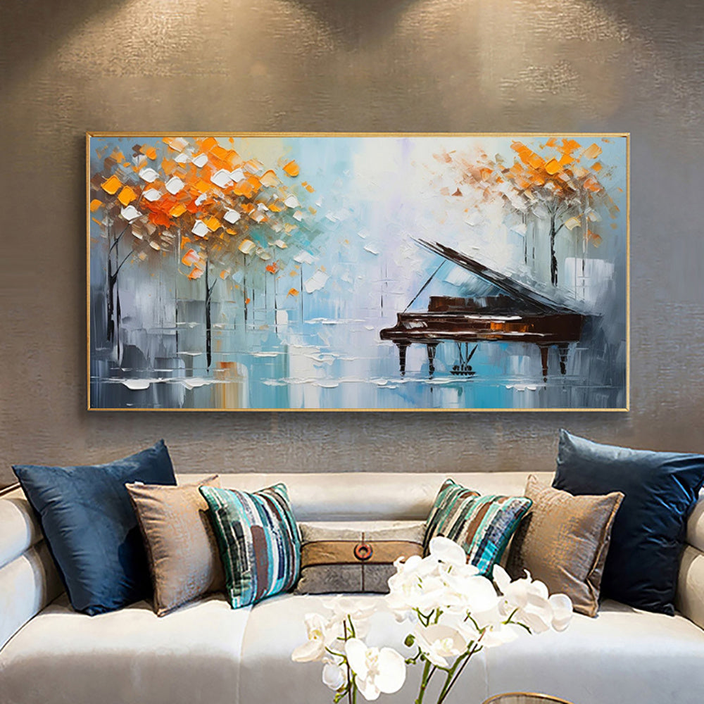 Handmade oil painting of abstract landscape with piano and tree on canvas wall art for home office decor