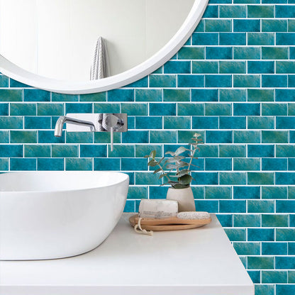 Blue green marble tile wall stickers in bathroom with white sink and round mirror