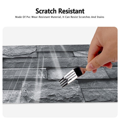 Imitation stone tile waterproof peel and stick light grey wallpaper being scratched with fork showing scratch resistance