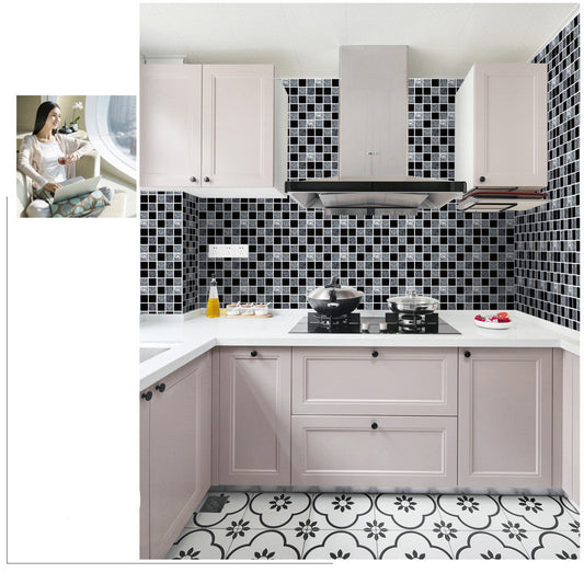 Modern kitchen with black and white mosaic kitchen bathroom tiles backsplash and light pink cabinets