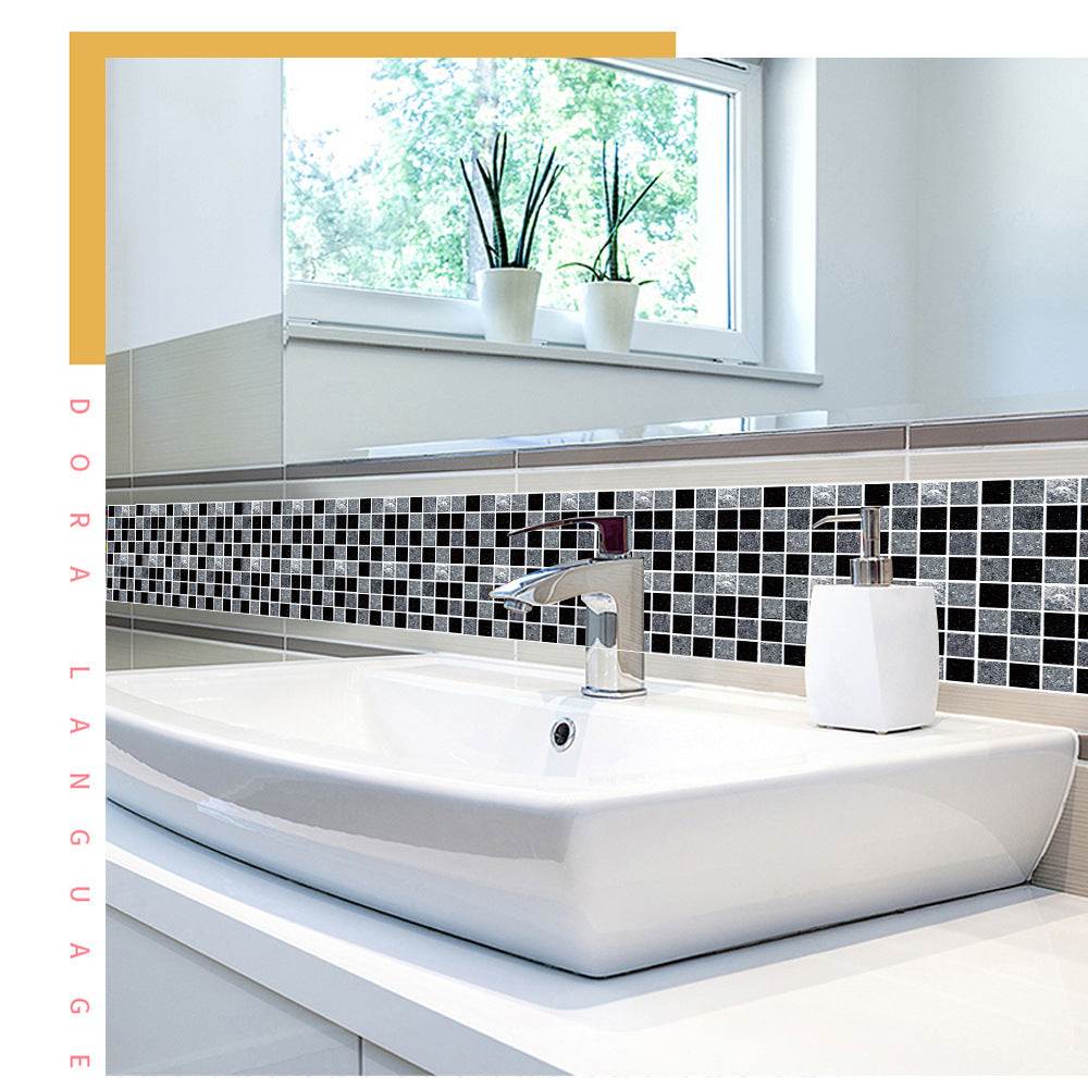 Black and gray mosaic kitchen bathroom tiles backsplash behind white sink