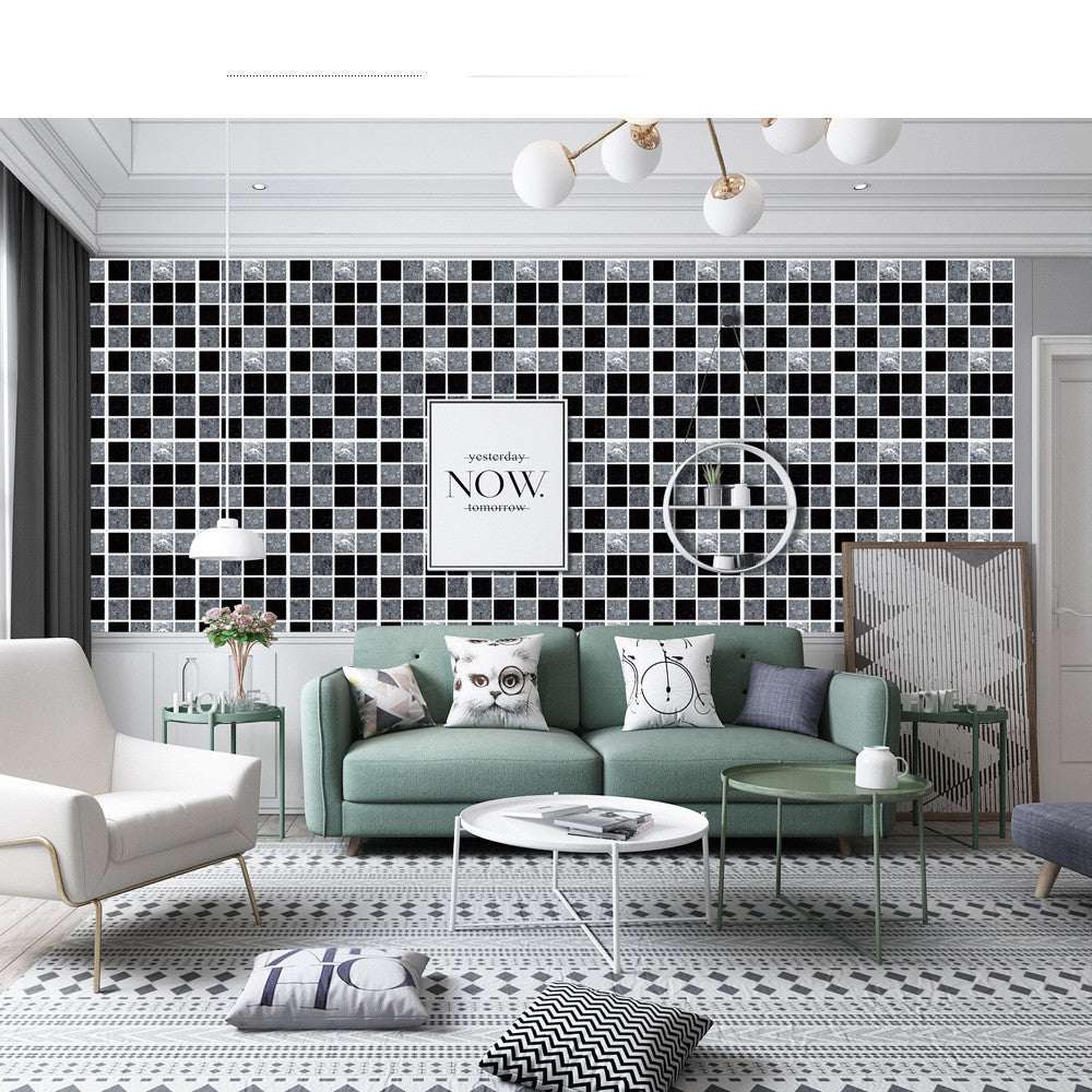 Modern living room wall decorated with black and gray mosaic kitchen bathroom tiles and green sofa