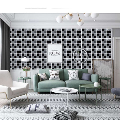 Modern living room wall decorated with black and gray mosaic kitchen bathroom tiles and green sofa