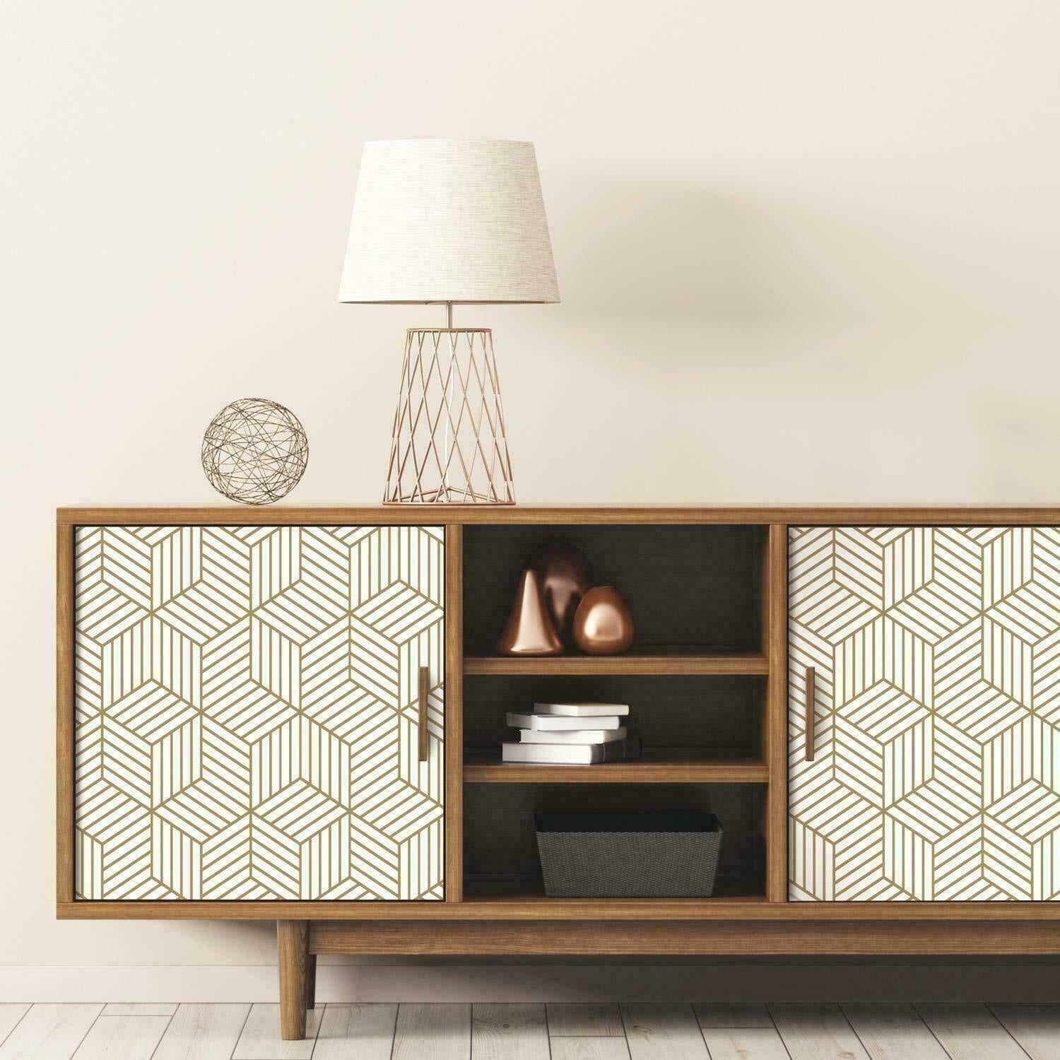 Modern wooden cabinet decorated with hexagon contact paper peel and stick wallpaper featuring geometric pattern