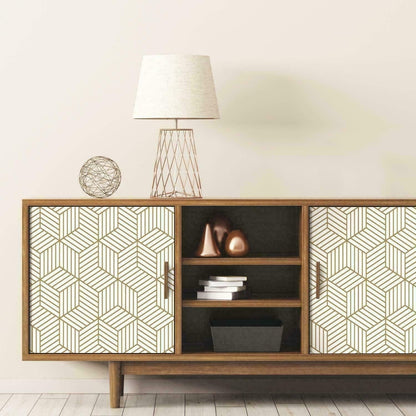 Modern wooden cabinet decorated with hexagon contact paper peel and stick wallpaper featuring geometric pattern