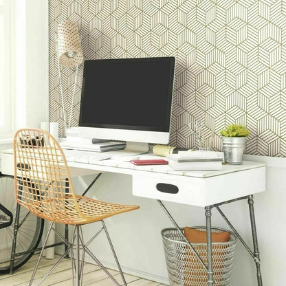 Hexagon self-adhesive peel and stick contact paper on wall behind desk