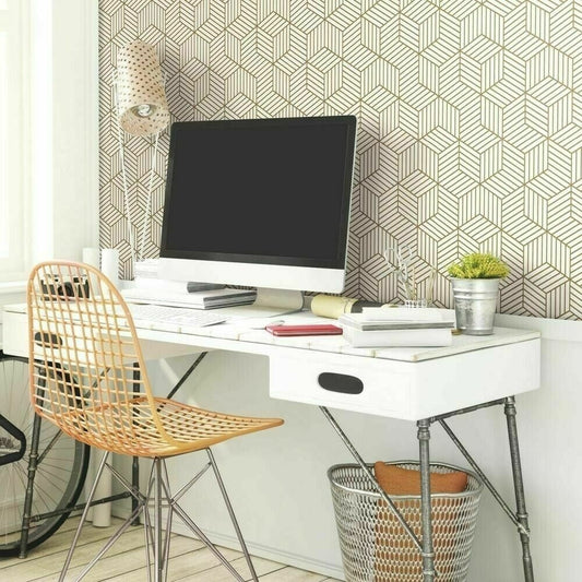Hexagon self-adhesive peel and stick contact paper on wall behind desk
