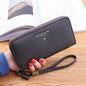 casual single pull ladies wallet black lychee pattern leather clutch with zipper and wrist strap