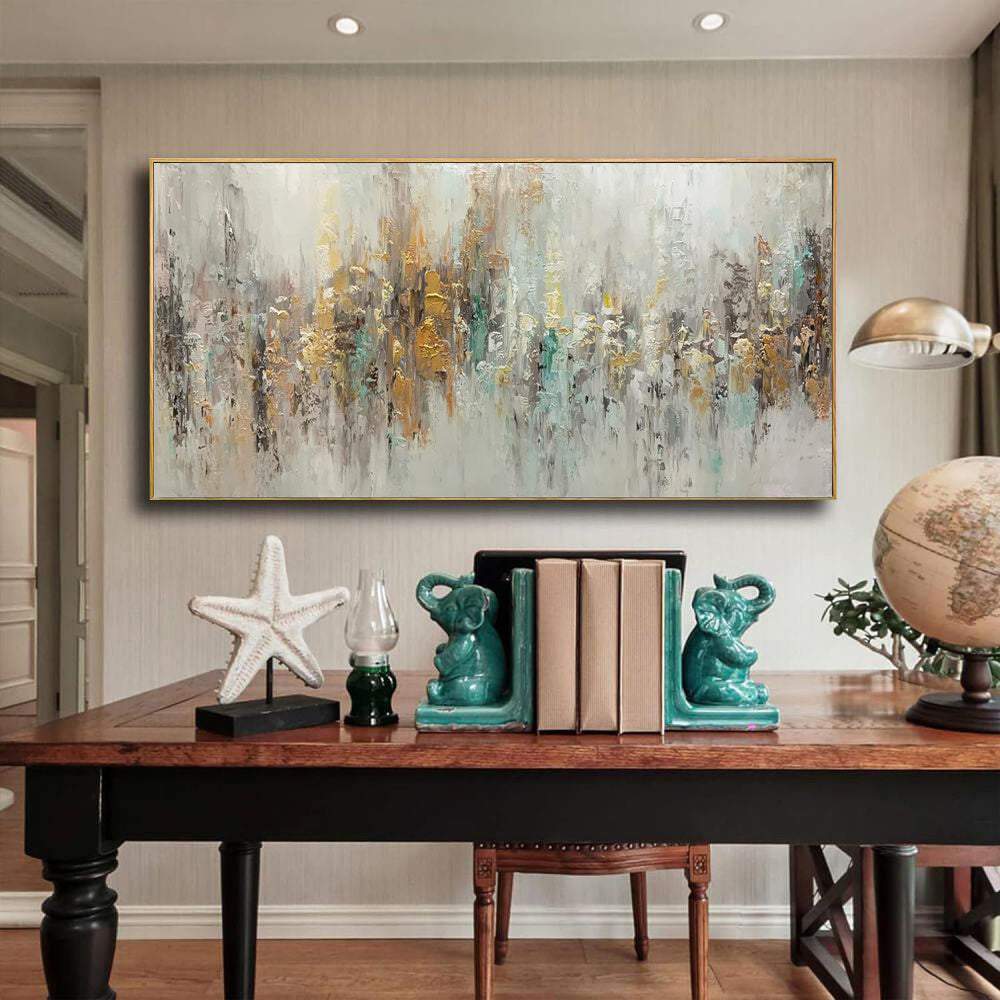 Handmade abstract oil painting on canvas with gold and teal accents horizontal wall art for living room decor