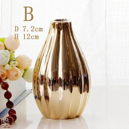 Nordic ceramic small flower vase in reflective gold with a minimalist design, 12cm height and 7.2cm diameter, ideal for home decor.