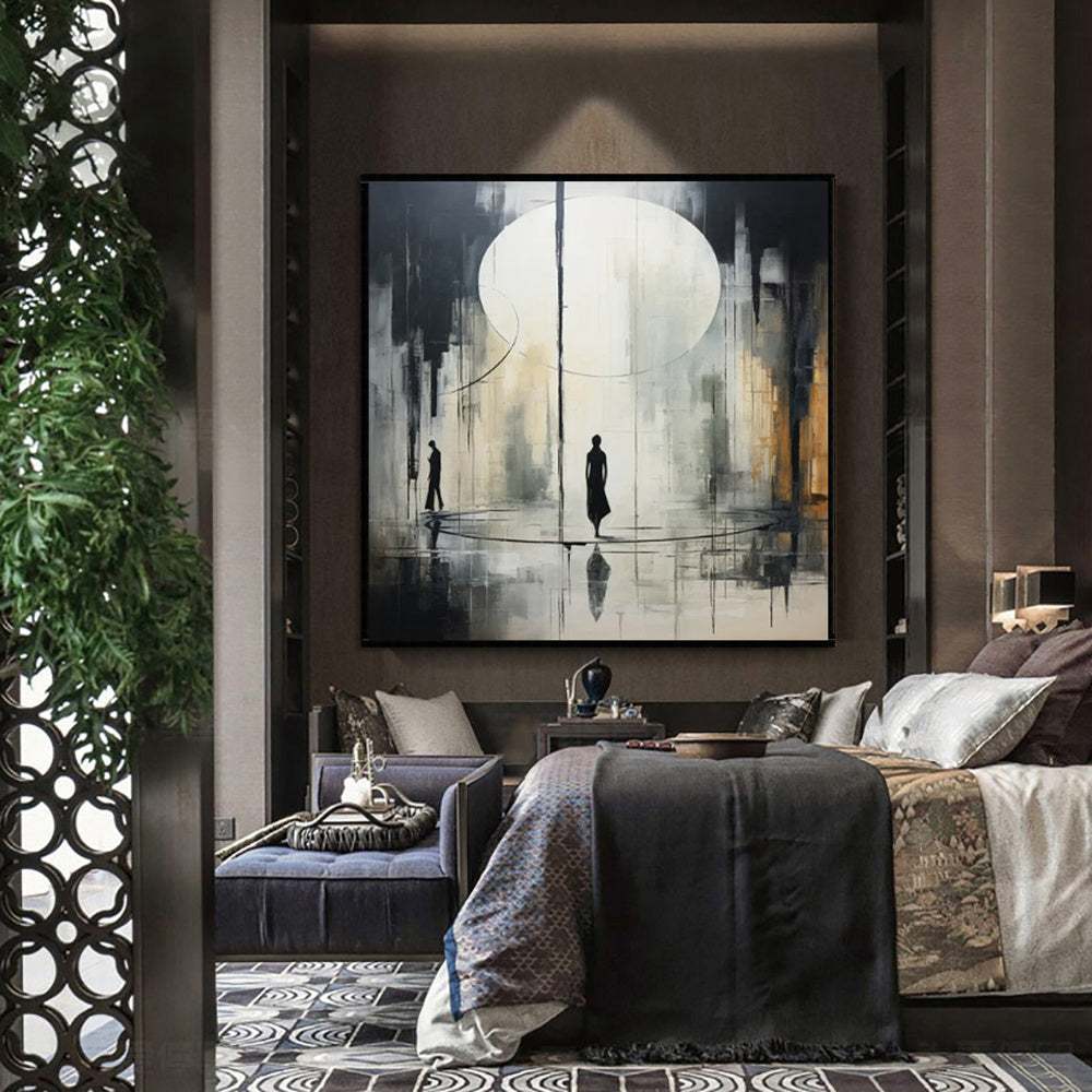 Handmade black and white abstract oil painting on canvas wall art for modern home and office decor