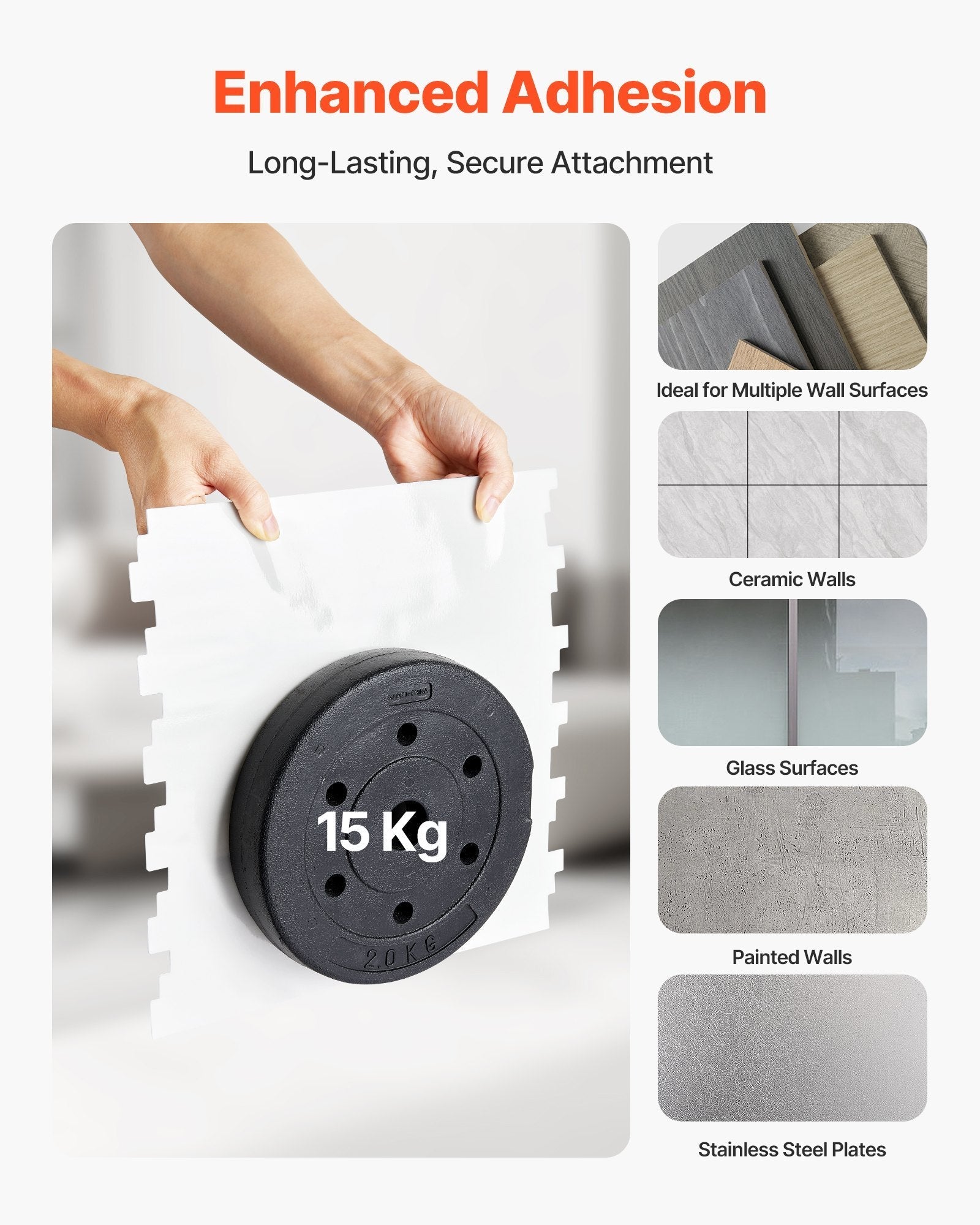 Peel and stick backsplash tile showing strong adhesion with 15kg weight on multiple wall surfaces including ceramic, glass, painted, and stainless steel