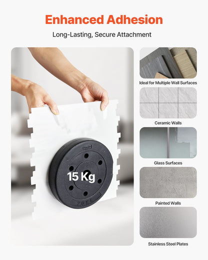 Peel and stick backsplash tile showing strong adhesion with 15kg weight on multiple wall surfaces including ceramic, glass, painted, and stainless steel