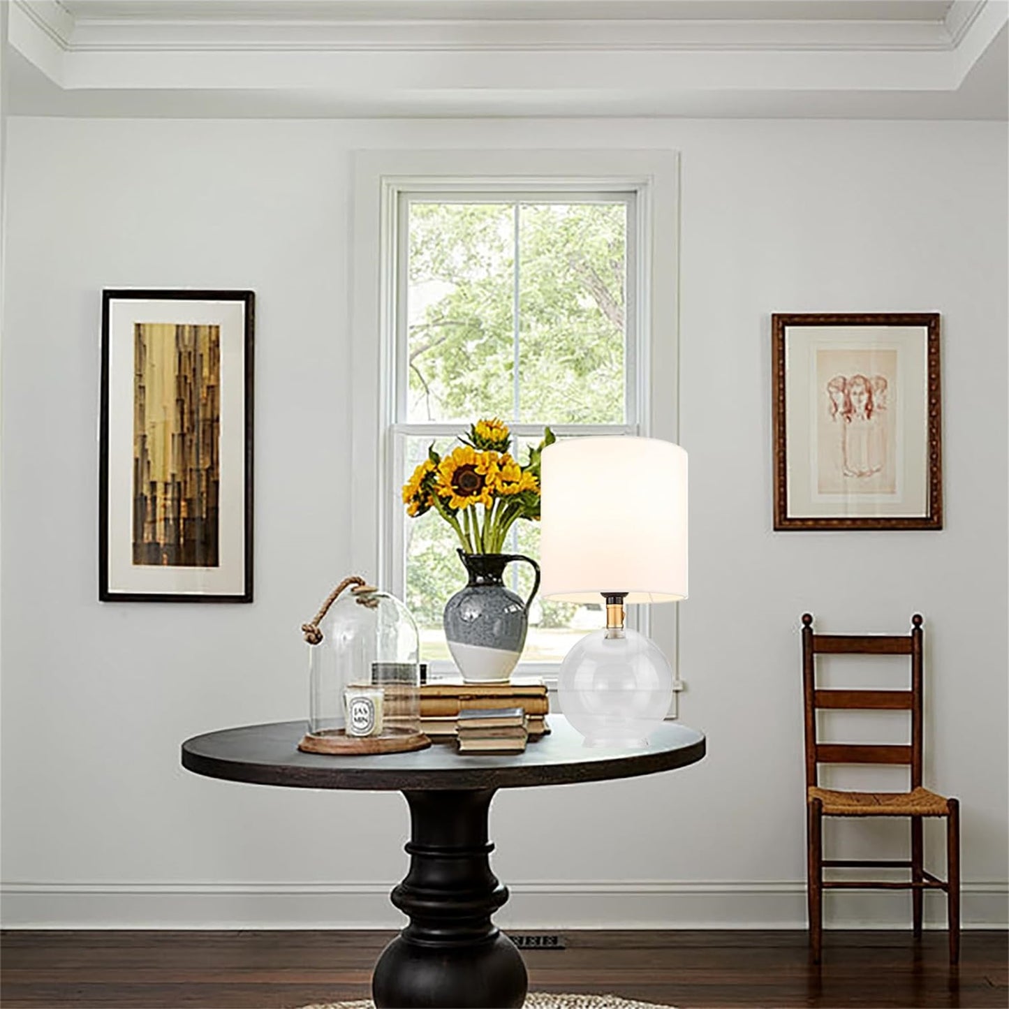 Small Table Lamp For Bedroom Glass Bedside Lamps For Nightstand, Minimalist Night Stand Light Desk Lamp With Cylindric Fabric Shade