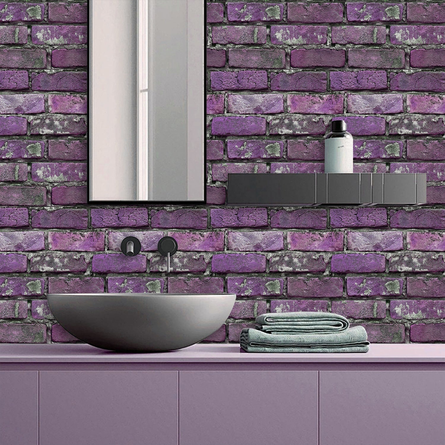 peel and stick tile purple brick wall in modern bathroom with sink and mirror